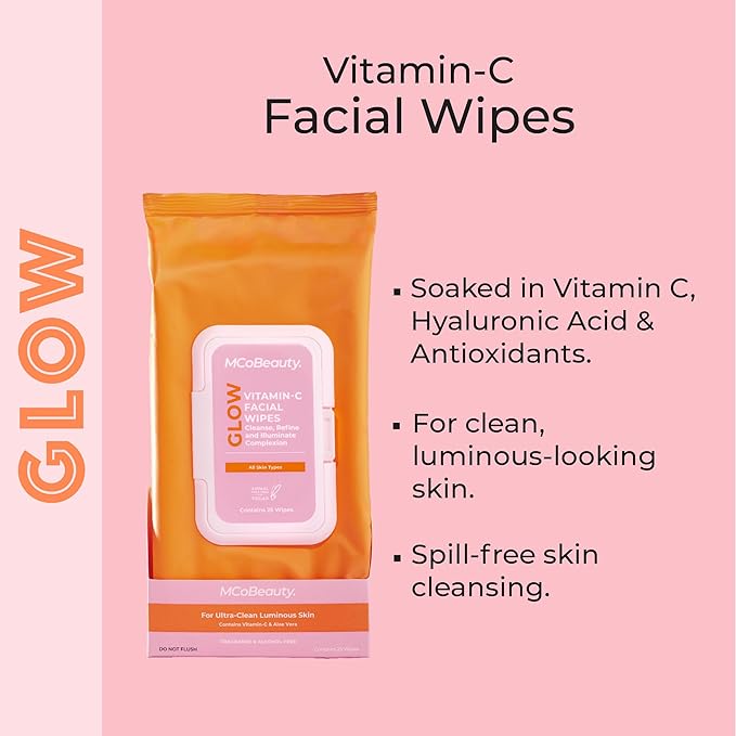 MCoBeauty - Glow Vitamin C Facial Wipes - Infused with Vitamin C, Hyaluronic Acid and Antioxidants - Pack of 25 Cleansing Wipes - Vegan and Cruelty Free