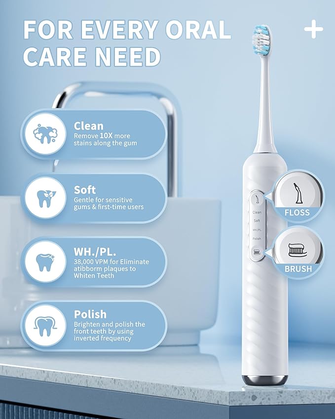 Electric Toothbrush with Water Flosser – 2-in-1 Teeth Cleaning Kit, Electric Toothbrush and flosser Combo,Toothbrush with 3 Cleaning Modes,Portable Water flosser Design for Home & Travel (White)