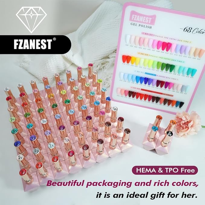 FZANEST HEMA-Free Gel Nail Polish Set, Tpo-free 72pcs 12ML High Shine Top Coat Base Builder Gel With 68 Bright Colors Nude Pink Red White Black All Seasons Gel Polish Kit For Home DIY Nail Salon Use