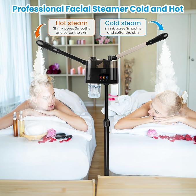 Professional Facial Steamer, 2 in 1 Hot&Cold Mist Facial Steamer, Facial Humidifier on Wheels, Esthetician Steamer for Facial Deep Cleaning and Moisturize, Suitable for Spa, Salon and at Home Use