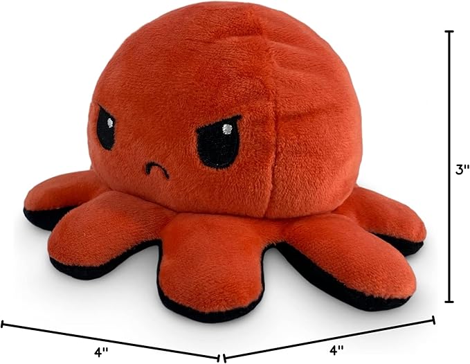 TeeTurtle - The Original Reversible Octopus Plushie - Angry Red + Rage Black - Cute Sensory Fidget Stuffed Animals That Show Your Mood, 4 inch