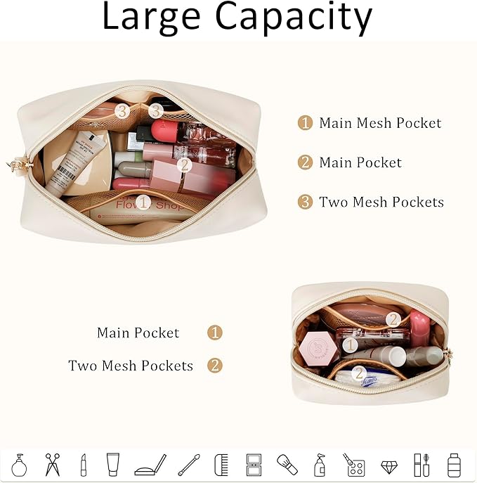 Personalized Christmas Gifts for Women - Initial Makeup Bag Birthday Gifts for Women Travel Toiletry Bag Cosmetic Bags with Soft PU Leather (Beige S)