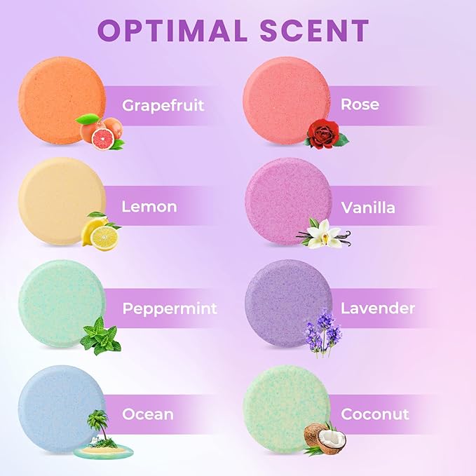 Shower Steamers 8 Pack Set Shower Bombs Tablets in Purple Box with 8 Fragrances with Shea Butter for Self-Care & Relaxation, Idea for Women and Men