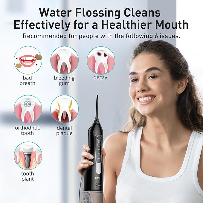 COSLUS Water Dental Flosser Teeth Pick: Portable Cordless Oral Irrigator 300ML Rechargeable Travel Irrigation Cleaner IPX7 Waterproof Electric Flossing Machine for Teeth Cleaning C20(F5020E)