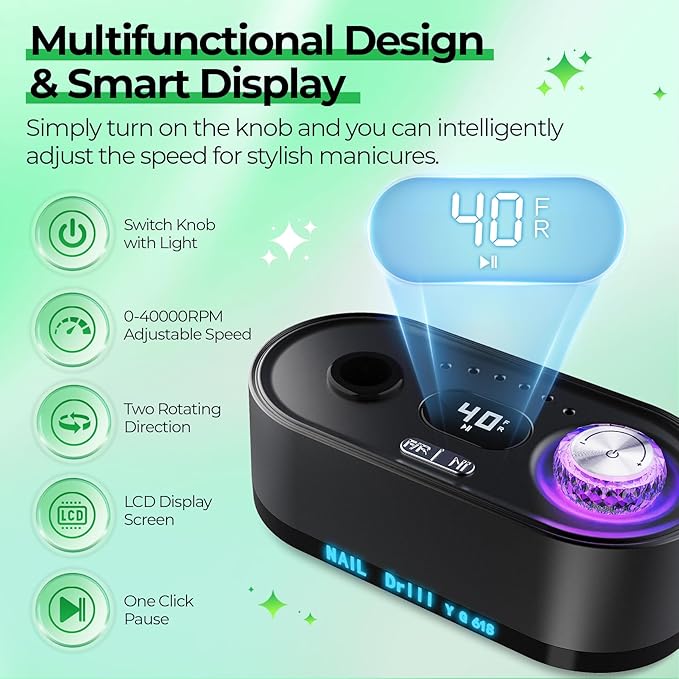 Electric Nail Drill Professional: 40000RPM Electric Nail File Kit E File Nail Drill Machine with LCD Display for Acrylic Gel Nail, Manicure Pedicure Polishing Nail Grinder for Salon Home Use