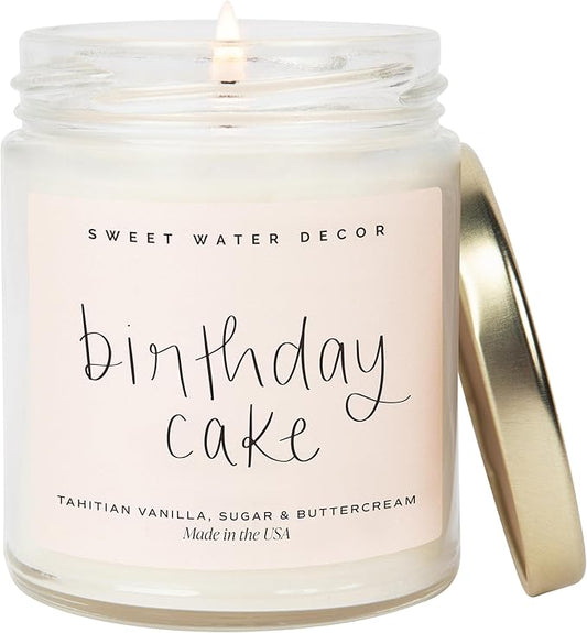 Sweet Water Decor Birthday Cake Candle - Tahitian Vanilla, Powdered Sugar, and Buttercream Scented Soy Birthday Candle for Home - 9oz Clear Jar, 40 Hour Burn Time, Made in The USA