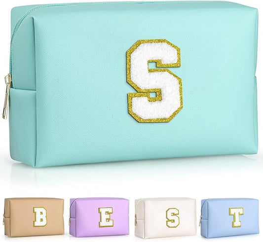 TOPEAST Initial Cosmetic Bag for Women, Preppy Small Makeup Bag, PU Leather Waterproof Toiletry Bag, Monogrammed Birthday Gifts for Women, Stuff for girls (Blue S)
