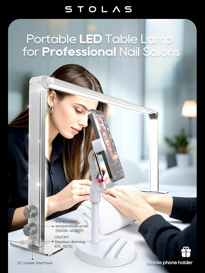Upgraded Nail Tech Lamp for Desk, 32 in Foldable Large Nail Light with Phone Holder, 3000K-6000K CRI＞95 LED Manicure Lamp, Half Moon Light for Lash Eyelash Extension, Tattoo, Eyebrows-Diamond Silver