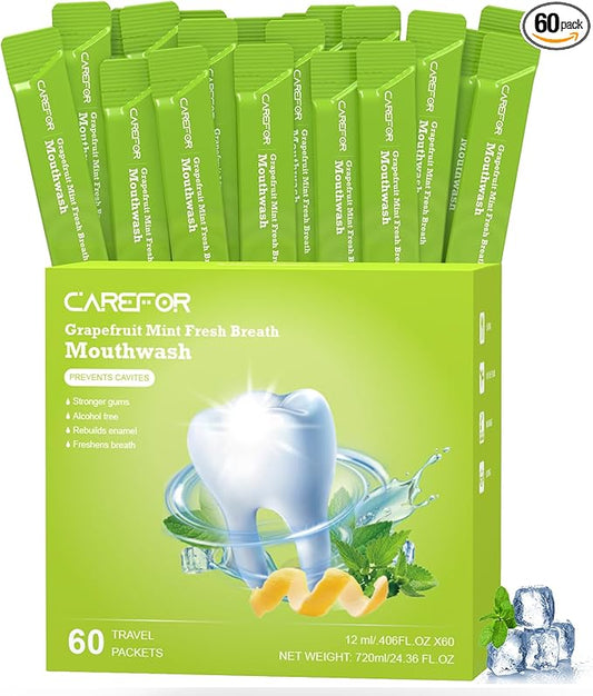 Travel Size Mouthwash Packets – Individual Mini, Alcohol & Fluoride Free, Grapefruit Mint Flavor, Mouthwash to Go for On-The-Go Freshness, Bulk Packets 0.41 Fl Oz(Pack of 60)