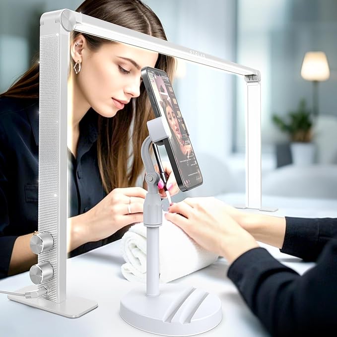 Upgraded Nail Tech Lamp for Desk, 32 in Foldable Large Nail Light with Phone Holder, 3000K-6000K CRI＞95 LED Manicure Lamp, Half Moon Light for Lash Eyelash Extension, Tattoo, Eyebrows-Diamond White