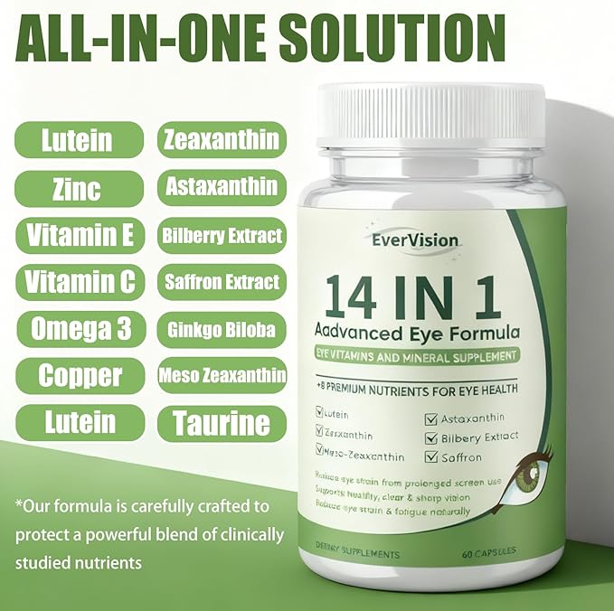 14 in 1 Advanced Eye Formula, Eye Vitamin and Mineral Supplement with Zinc, Lutein, Zeaxanthin & Bilberry Extract, 60ct