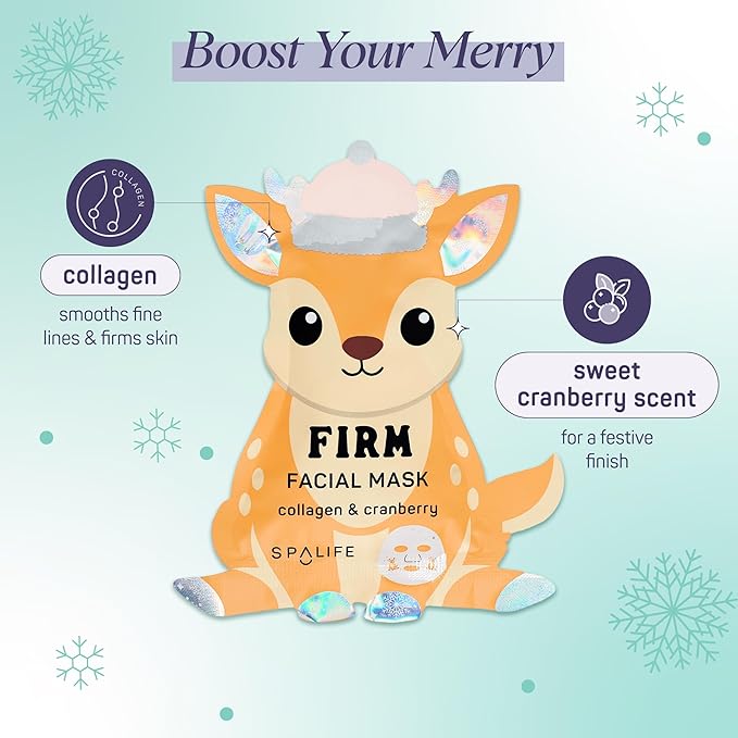 SpaLife Beauty Winter Wonder Animals Christmas Face Mask Bundle | Korean Facial Masks | Hydrating, Firming and Glowing Sheet Mask Set | Christmas Gifts for Women | 12 Pack