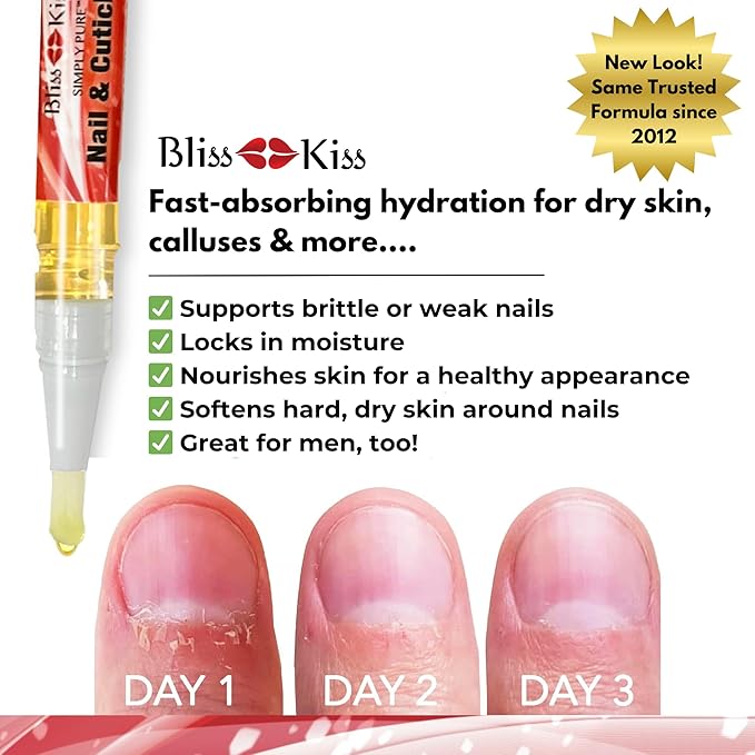 Bliss Kiss | 1 Candy Cane Fragrance | Nail Oil Cuticle Pen w/Vitamin E & Jojoba⏤Nail Strengthener Nail Growth Serum for Brittle Peeling Breaking Thin Nails