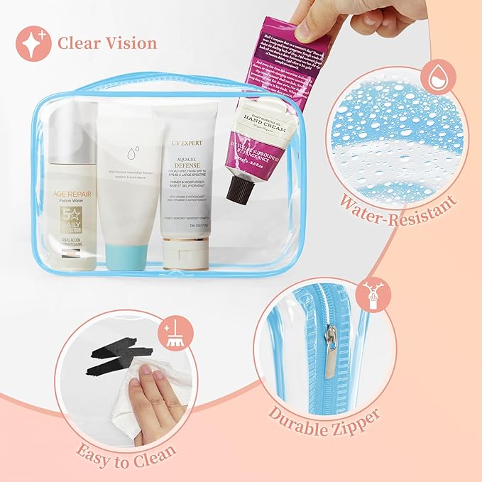 TISRATOK 12 PCS Clear Makeup Bag for Women with Zipper, TSA Approved Toiletry Pouch, Cosmetic Bag Bulk for Travel Organizer Essentials - Blue,Medium