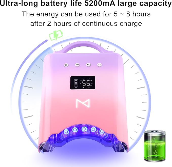 M - NEO Cordless & Rechargeable Nail Curing Lamp 78W with 4 LCD Time Display Timer, Auto Sensor, and Spacious Interior for All Hand Sizes and Nail Lengths (Unicorn Pink)
