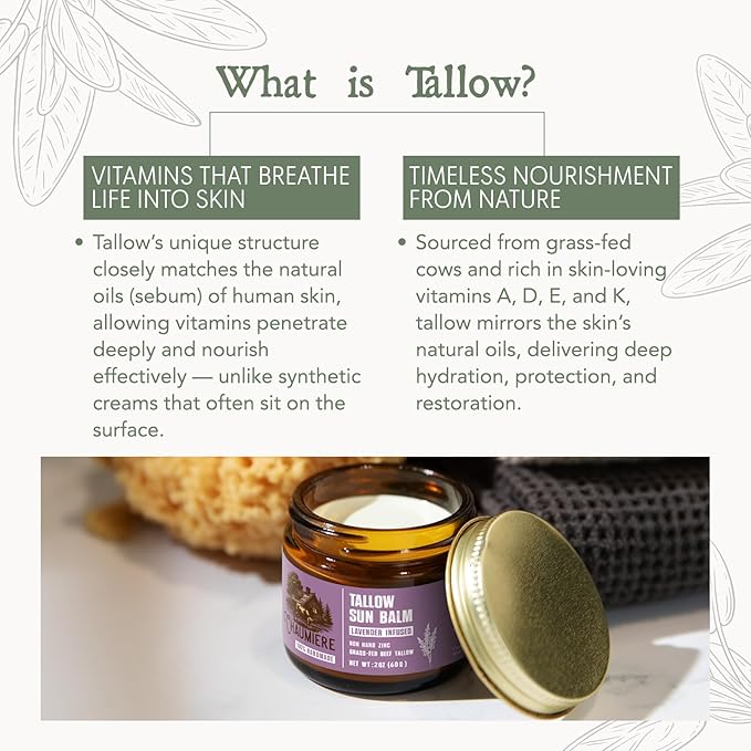 Lavender Tallow Sunscreen SPF 50 – Grass-Fed Beef Tallow Balm with Carrot Seed Oil & Non-Nano Zinc – Organic Face & Body Moisturizer, Reef Safe, Naturally Scented – 2.5oz, Made in USA