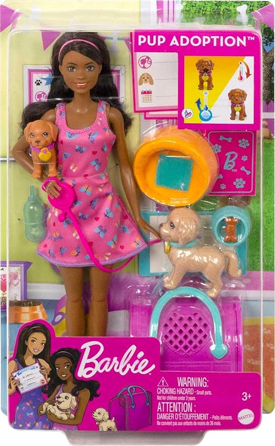Barbie Pup Adoption Playset with Brunette Fashion Doll in Pink Dress, 2 Pets, Carrier & 10 Accessories, Color-Change Feature