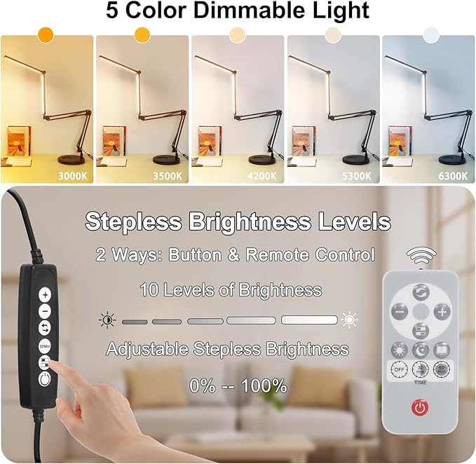 Toolour Desk Lamps for Nail Tech,24W Large Dual Architect Lamp with Remote Control,5 Colors Stepless Dimming Sleep Mode & Memory Function Workbench LED Halfmoon Light for Beauty Salon Home Office