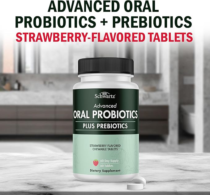 Oral Probiotics Supplement with Prebiotics - Supports Healthy Teeth Gums Mouth and Fresh Odorless Breath for Adults - Strawberry Flavored Chewable Dental Probiotic (60 Tablets, 60 Day Supply)