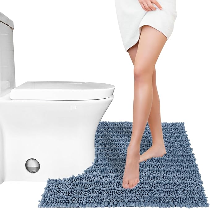 Yimobra Toilet Rug U Shaped Washable 24x20 Inch - Ultra Soft Absorbent Chenille Bath Rugs for Toilet, Quick Dry & Machine Washable, Non Slip Contour Bathroom Mat, Denim Blue