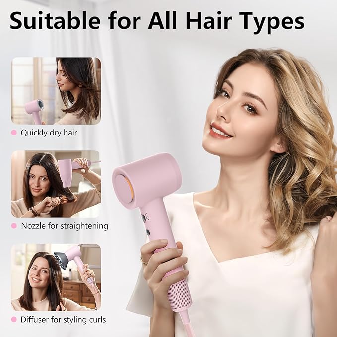 Hair Dryer, 160000 RPM Professional High-Speed Blow Dryer 500 Millions Negative Ionic Care Hair Dryer for Fast Drying, Low Noise Thermo-Control Hairdryer, Travel with Magnetic Diffuser & Nozzle, Pink