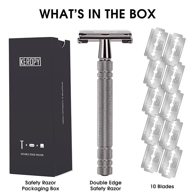 Double Edge Safety Razor for Men with 10 Blades - Christmas Stocking Stuffers for Men, Dad, Husband - Unique Holiday Gifts, Eco-Friendly Butterfly Open Razor for a Close Shave - Gloss Black