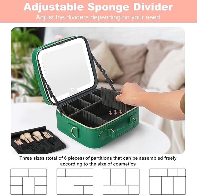 Mocado Travel Makeup Bag with LED Lighted Mirror,Travel Makeup Organizer,Makeup Case with 3 Color Lighted Setting and 10x Magnifying Mirror,Portable Storage and Adjustable Dividers Makeup Box(Green)