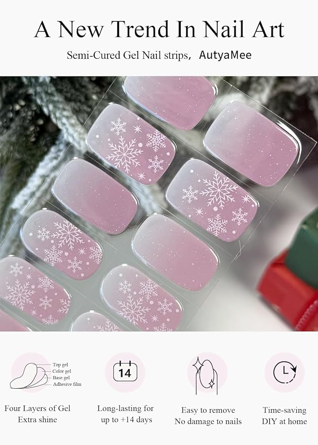 Semi Cured Gel Nail Strips (Pink Snowflake), 20 Pcs Christmas Gel Nail Wraps, Stickers, Salon Quality, Long Lasting, Works With Any UV Lamps