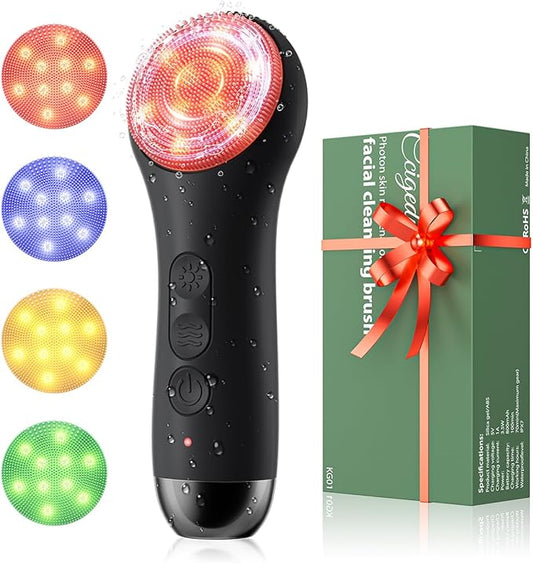 Facial Cleansing Brush Electric Face Scrubber - Rechargeable Face Cleansing Brush with 4 LED Gentle Light Silicone Heat and Vibration Exfoliator Massage Deep Cleansing,IPX7 Waterproof,Ideal Gift﻿