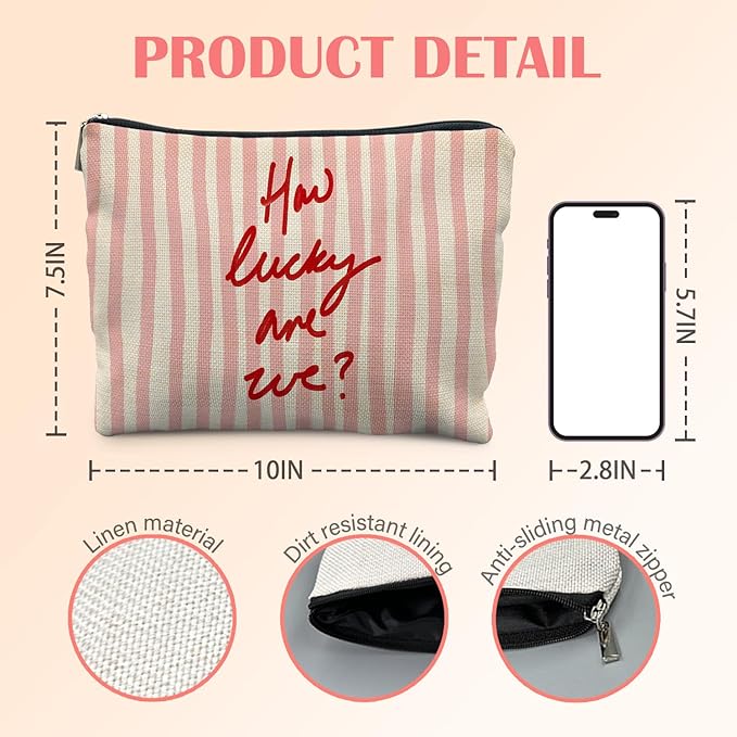 Retro Red Pink Striped Makeup Bag for Women, Positive Gifts for Women, How Lucky Are We Trendy Aesthetic Cosmetic Bag for Purse, Preppy Girly Makeup Zipper Pouch