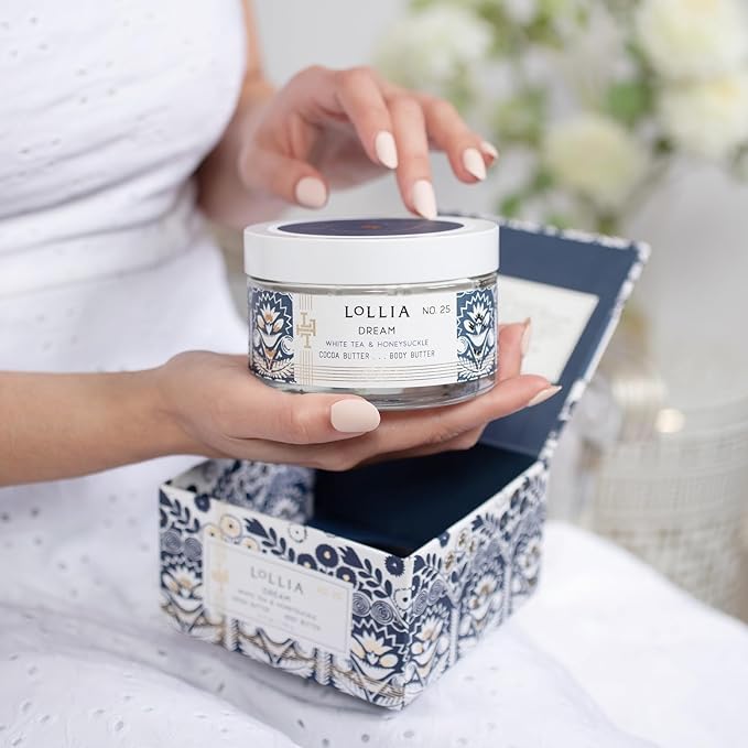 LOLLIA Dream Body Butter, 5.5 oz, White Tea & Honeysuckle Scented Balm for Women, Moisturizing Thick Shea & Cocoa Butter Lotion, Luxury Hydrating Skin Cream for Self Care