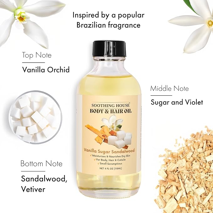 Vanilla Sugar Sandalwood Body & Hair Oil – Inspired Warm Gourmand Scent – Hydrating & Nourishing Oil for Skin, Hair & Cuticles – Lightweight, Fast-Absorbing, 4 fl oz