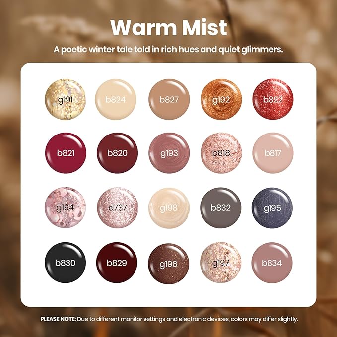 Beetles Gel Nail Polish Set - 20 Colors Warm Mist Winter Gel Nail Kit Burgundy Brown Nude Gold Glitter Gray Shimmer Soak Off Base&Top Coat Uv Led Home DIY Salon Nail Art Christmas Gift Set for Women