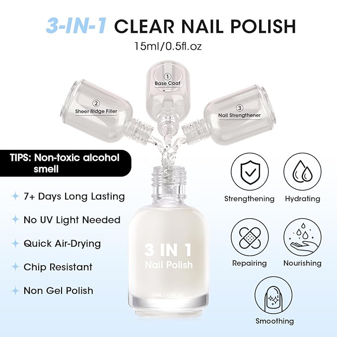 GELLEN Tinted Milky White Ridge Filler For Nails, Clear Nail Polish Ridge Filling Base Coat, Nail Strengthener and Growth, Hydrate Strengthen Nourish Damaged Dry Nails, Shea Butter & Vit E & Protein