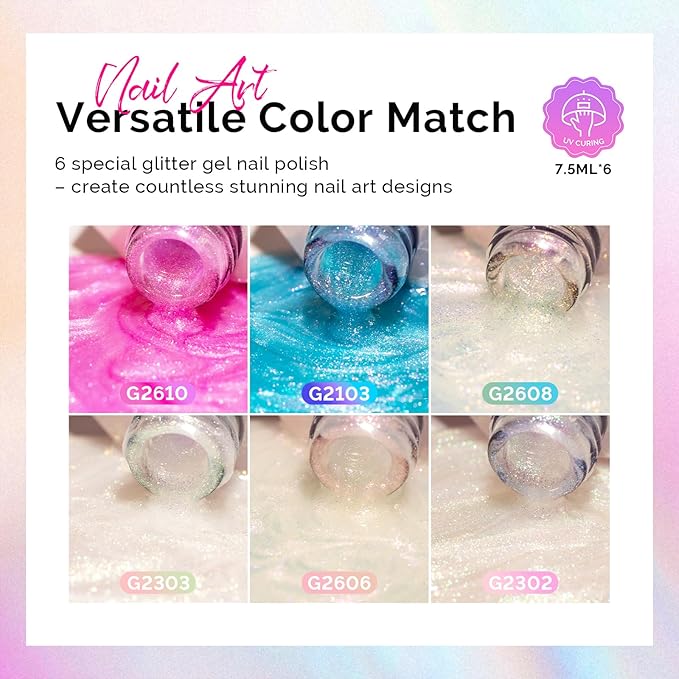 MelodySusie 7.5ML Glitter Gel Nail Polish Set, 6 Colors Aurora White Sparkle Gel Polish Kit Aurora Blue Pink Shimmer Gel Polish Gifts for Women Nail Art Manicure Salon DIY Nail Design at Home