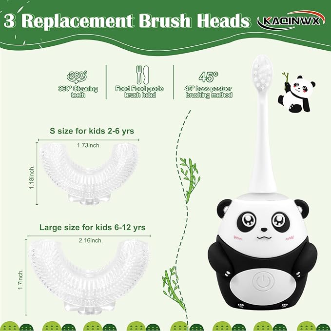 Kids U Shaped Electric Toothbrush for Age 2-12, Rechargeable Toddler Toothbrush with Smart Timer & 3 Clean Modes, Panda Design, IPX7 Waterproof, 3 Brush Heads & 360°Cleaning