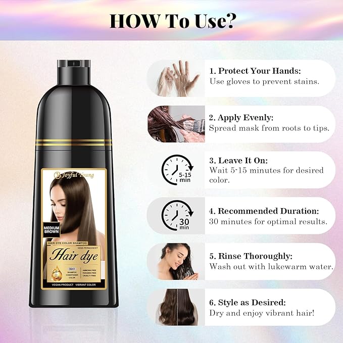 Natural Color Hair Dye Shampoo 3 IN 1, Instant Hair Coloring, Gray Coverage for Men & Women, Beard Dye Vegan Ammonia Free & Paraben-Free, Champú Para Canas Mujer & Hombre (MEDIUM BROWN)