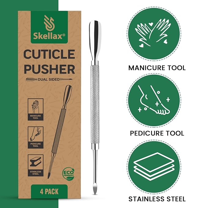 4PCS Cuticle Pusher Double Ended Sharp Edge Spoon Shaped Set, Salon Quality Stainless Steel Metal Manicure Pedicure Nail Polish Remover Cleaner Tools for Fingernails Toenails