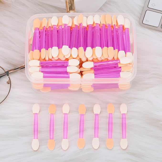 150 Eye Shadow Applicator Disposable Foam Makeup Brush Sponge Tipped Oval Eyeshadow Applicators Dual Sides with Container, Purple