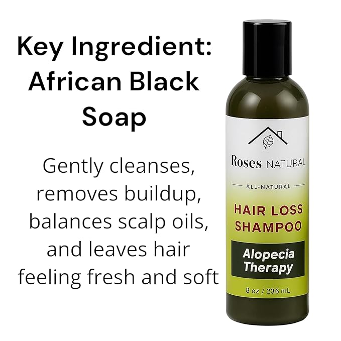 Hair Loss Shampoo with African Black Soap, Alopecia Therapy, All-Natural, 8 oz, Herbal Hair Thickening, Women & Men, Color Treated Hair, Plant-based, Made in the USA