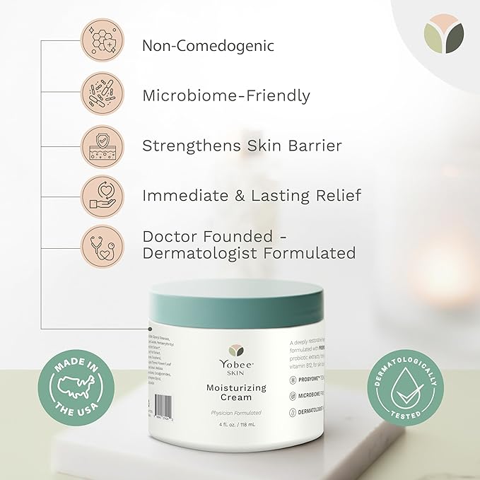 Yobee Body & Face Cream for Dry, Itchy Skin, Eczema & Psoriasis, Dermatologist Formulated, Probiotics, Honey, Turmeric, Vitamins B12 & E, Ceramides, Shea Butter, Fragrance Free, For Kids & Adults