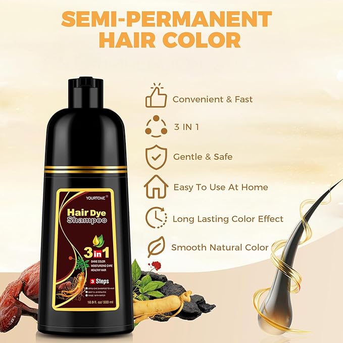 Dark Brown Hair Dye Shampoo 3 in 1 for Gray Hair Coverage, Hair Color Shampoo for Women Men, Herbal Ingredients Champu Para Pintar el Cabello (16.9 Oz)