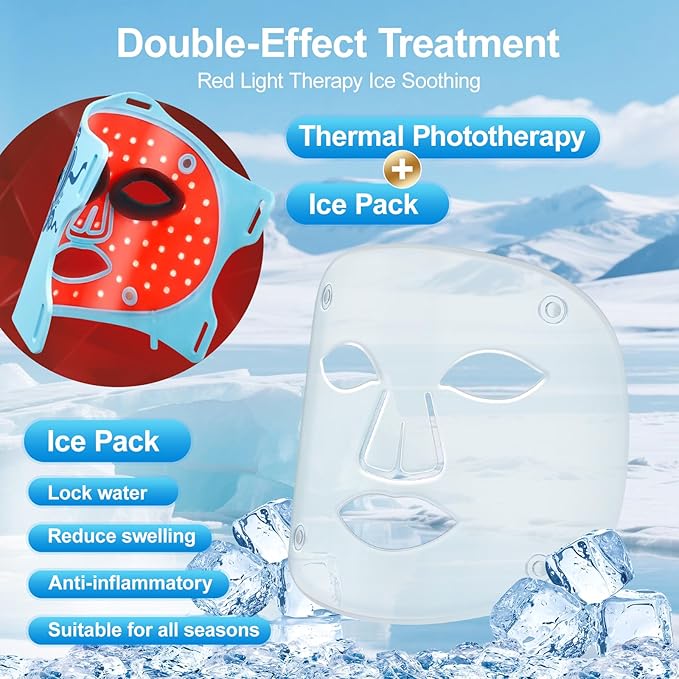 Red Light Therapy for Face Mask with Ice Compress, 850nm Infrared Red Light Therapy, 7+1 Light Modes Led Face Mask Light Therapy, Level 5 Timing, 3000mAh, Led Mask Light Therapy for Home, Blue