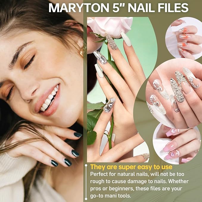 Maryton 50Pcs Disposable Nail File, 5 Inch Thin Emery Boards 180/180 Grit Nail Files for Natural Nails, Professional Pedicure Manicure Tools Set