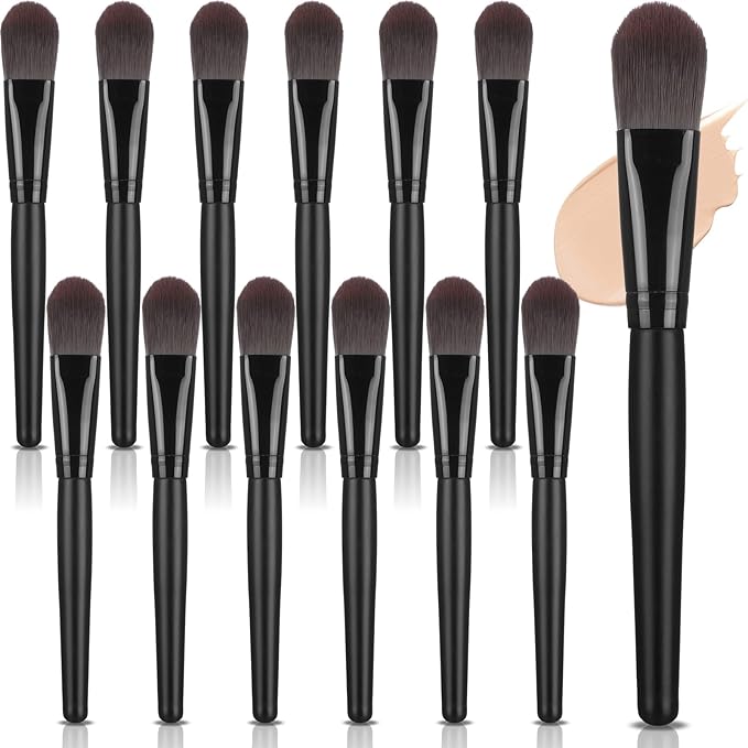 12 Pcs Flat Foundation Brushes with Soft Nylon Bristles and Wooden Handle, Makeup Brushes for Liquid Make Up, Foundation Face Brush for Blending Liquid Cream Powder Cosmetics, Black