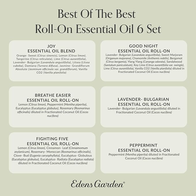 Edens Garden Essential Oils Best of the Best Roll-On 6 Set – 100% Pure Therapeutic Grade: Breathe Easier, Fighting Five, Good Night, Joy, Lavender & Peppermint Oil For Skin Care, 10 ml Roll-On/ 6 Pack