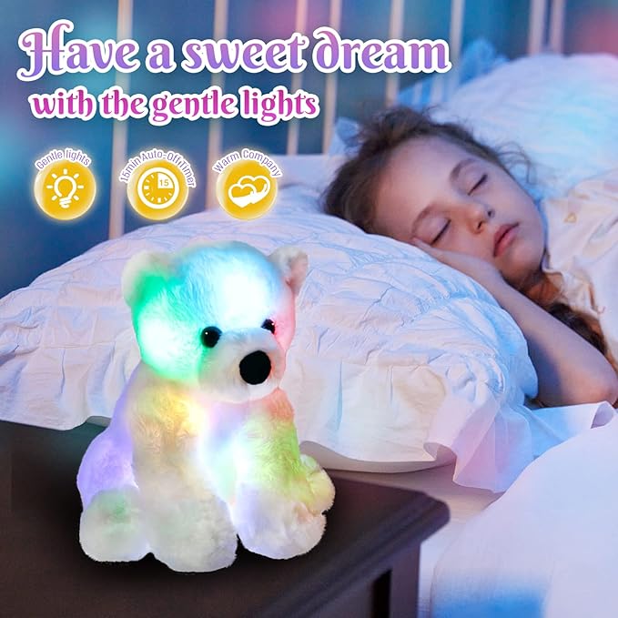 BSTAOFY Glow Polar Bear Light up Stuffed Animal LED Night Light Bear Soft Plush Toy Adorable Birthday Mother's Children's Day Valentines for Toddler Kids, White, 9.5''