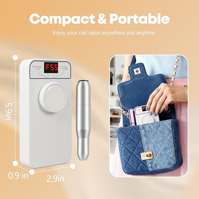 Professional Nail Drill Electric File, GEEZO 55000RPM Portable Cordless Nail Drill Machine with Bits, Rechargeable E File for Acrylic & Gel Nails, Manicure & Pedicure Tech Tool for Home Salon (White)