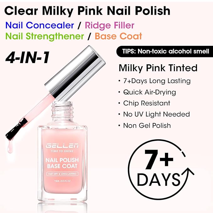 GELLEN 4‑in‑1 Clear Nail Polish Base Coat Sheer Tinted Milky Pink, Ridge Filler, Nail Strengthener & Concealer, Calcium Formula Strengthens Nails, Enhances Natural Look, No HEMA, Anti-yellowing