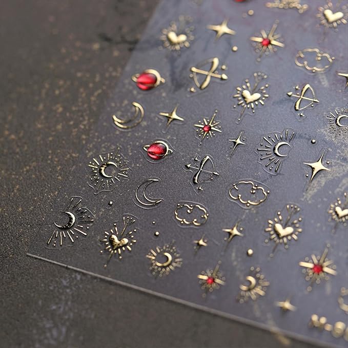 Gold Star Nail Stickers for Nail Art 3D Self Adhesive Moon Heart Nail Art Stickers Gold Star Nail Decals Glitter Nails Design for Acrylic Nails Heart Moon Star Nail Supplies for Women Girls